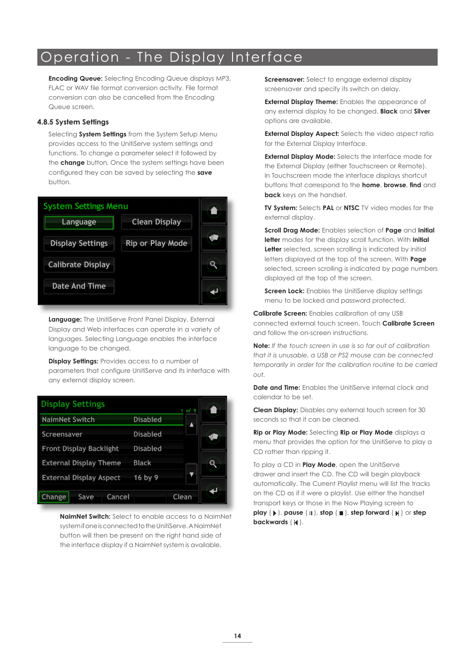 Operation - the display inter face, System settings menu | Naim Audio UnitiServe User Manual | Page 16 / 31