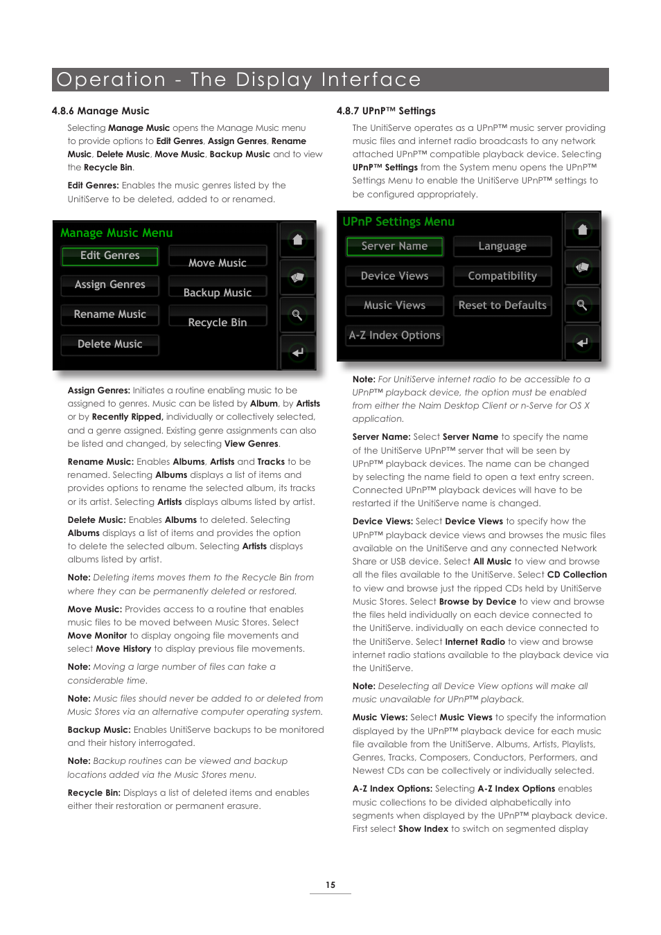 Operation - the display inter face, Manage music menu | Naim Audio UnitiServe User Manual | Page 17 / 31