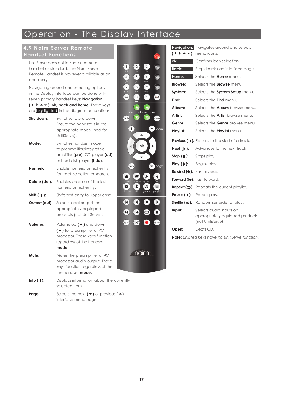 9 naim server remote handset functions, Operation - the display inter face | Naim Audio UnitiServe User Manual | Page 19 / 31