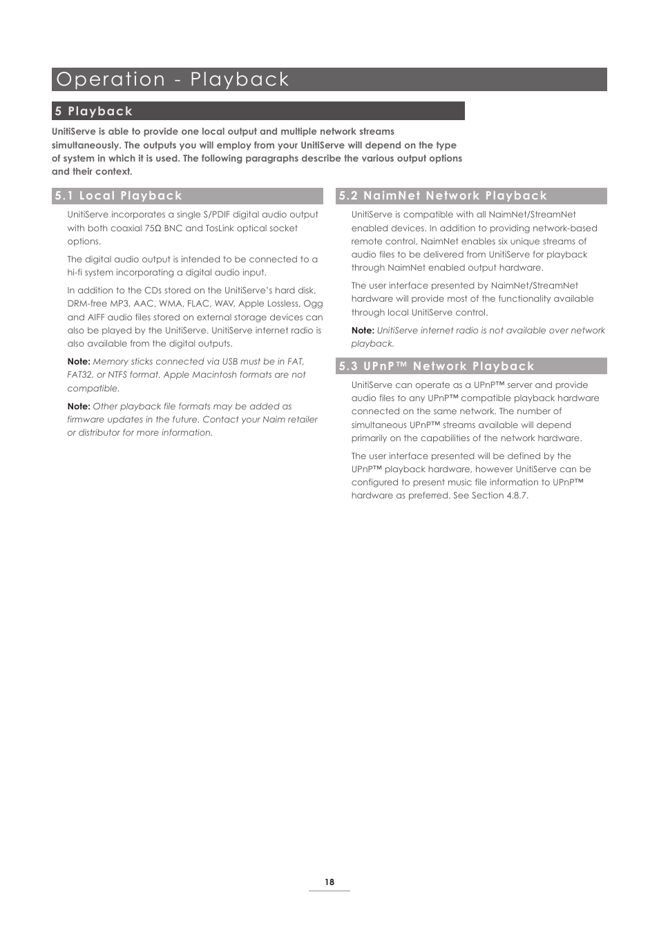 5 playback, 1 local playback, 2 naimnet network playback | 3 upnp™ network playback, Operation - playback | Naim Audio UnitiServe User Manual | Page 20 / 31