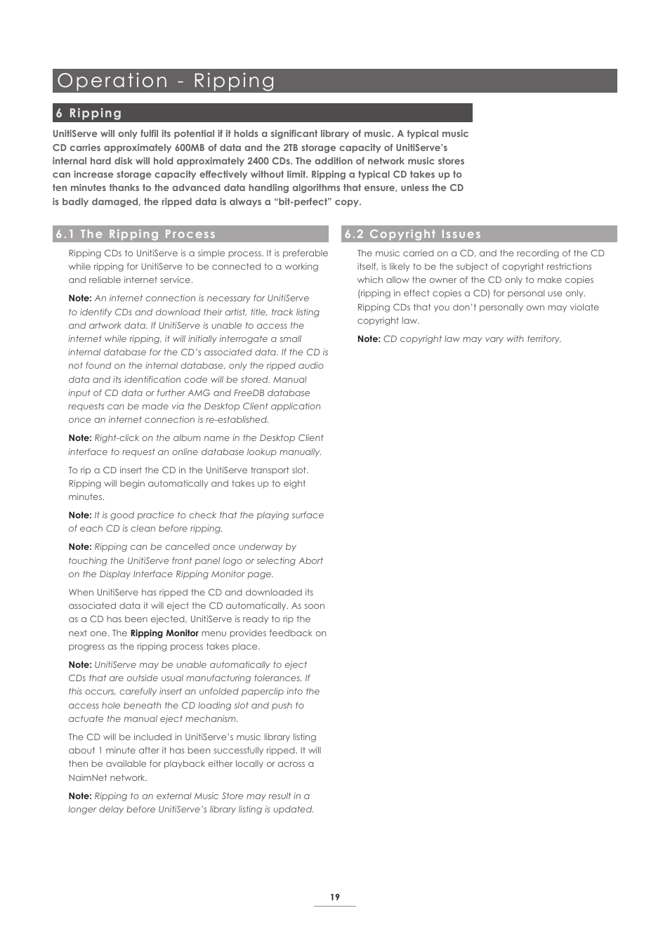 6 ripping, 1 the ripping process, 2 copyright issues | Operation - ripping | Naim Audio UnitiServe User Manual | Page 21 / 31