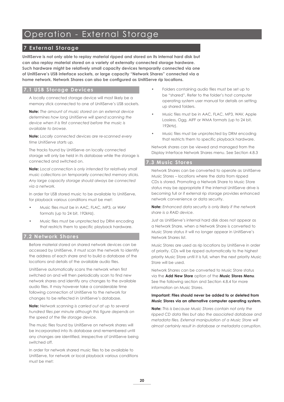 7 external storage, 1 usb storage devices, 2 network shares | 3 music stores, Operation - exter nal storage | Naim Audio UnitiServe User Manual | Page 22 / 31