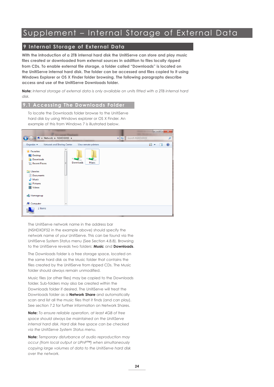 9 internal storage of external data, 1 accessing the downloads folder, Supplement – inter nal storage of exter nal data | Naim Audio UnitiServe User Manual | Page 26 / 31