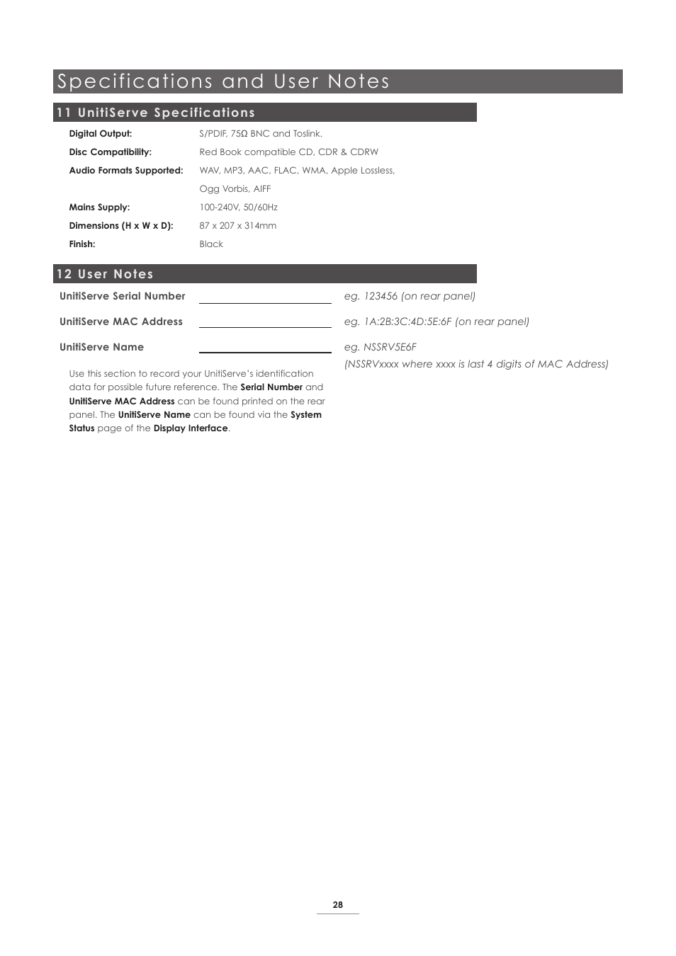 11 unitiserve specifications, 12 user notes | Naim Audio UnitiServe User Manual | Page 30 / 31