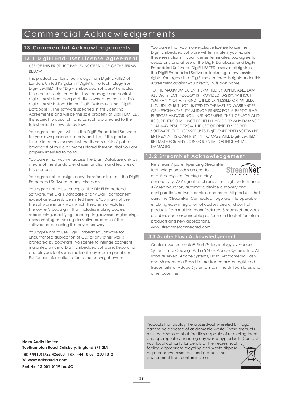 13 commercial acknowledgements, 1 digifi end-user license agreement, 2 streamnet acknowledgement | 3 adobe flash acknowledgement, Commercial acknowledgements | Naim Audio UnitiServe User Manual | Page 31 / 31