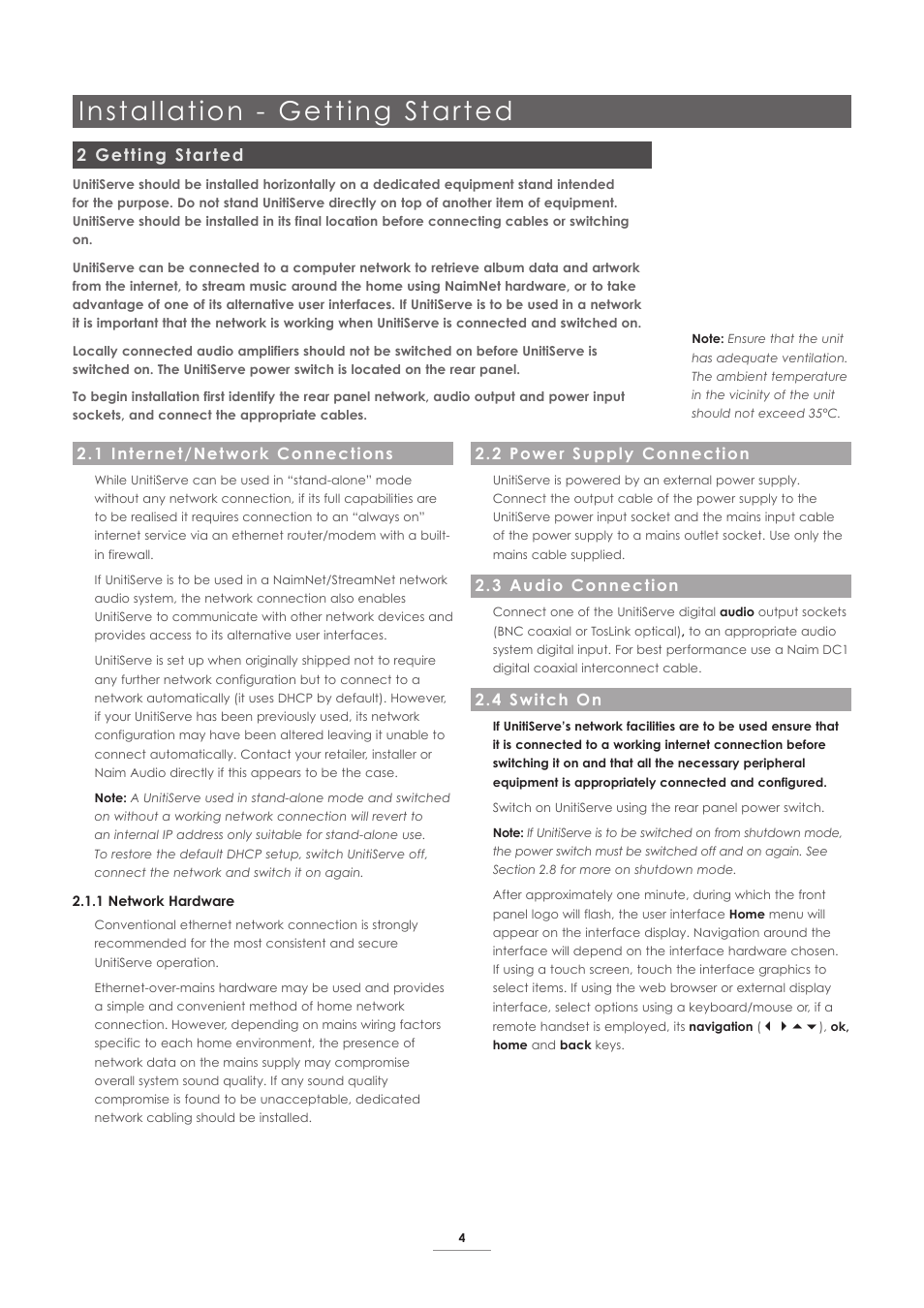2 getting started, 1 internet/network connections, 2 power supply connection | 3 audio connection, 4 switch on, Installation - getting started | Naim Audio UnitiServe User Manual | Page 6 / 31