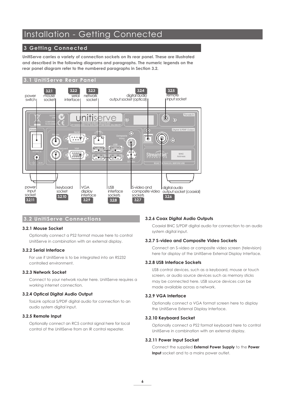 3 getting connected, 1 unitiserve rear panel, 2 unitiserve connections | Installation - getting connected | Naim Audio UnitiServe User Manual | Page 8 / 31