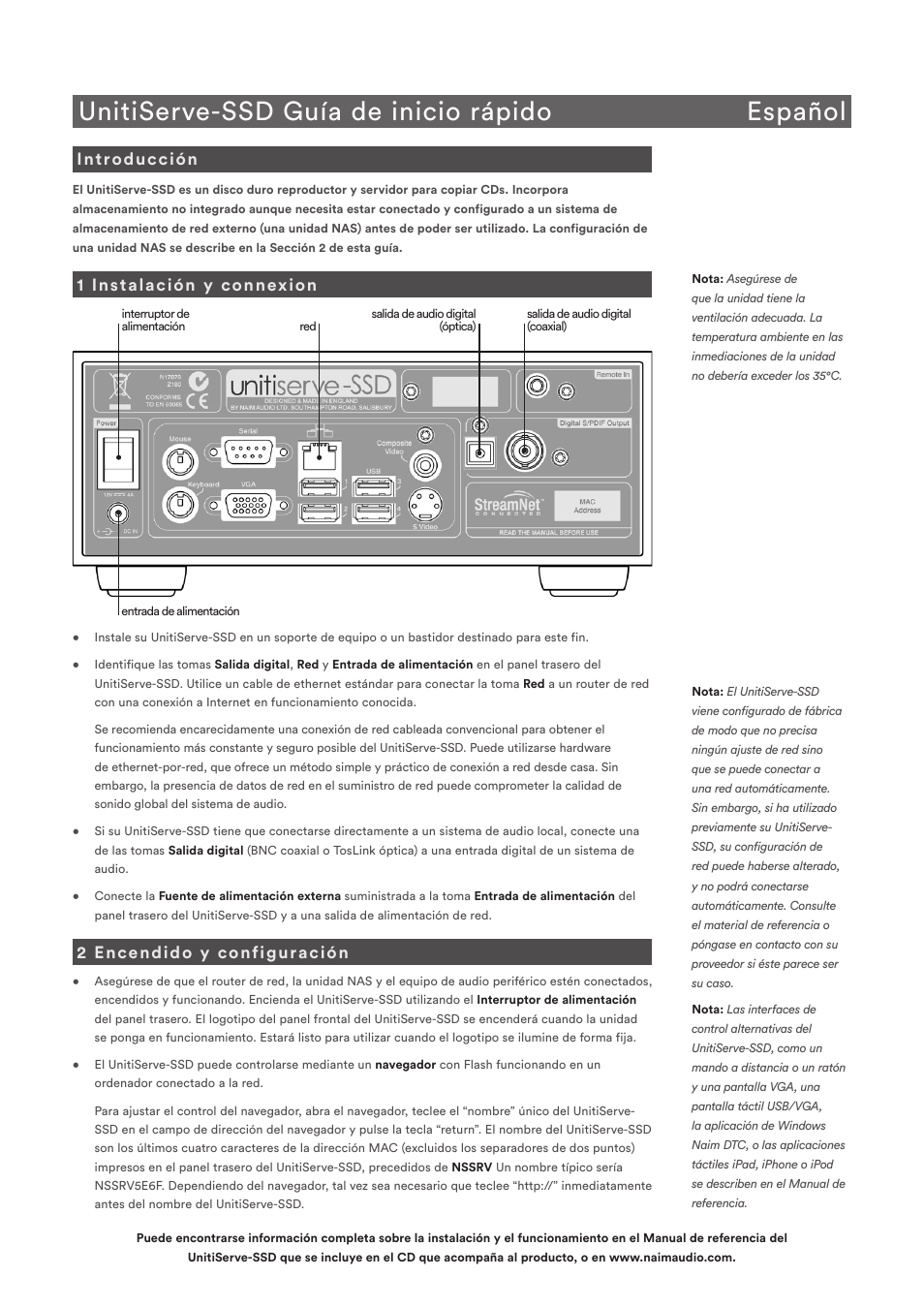 Unitiserve-ssd guía de inicio rápido español, Introducción, 1 instalación y connexion | 2 encendido y configuración | Naim Audio UnitiServe User Manual | Page 10 / 18