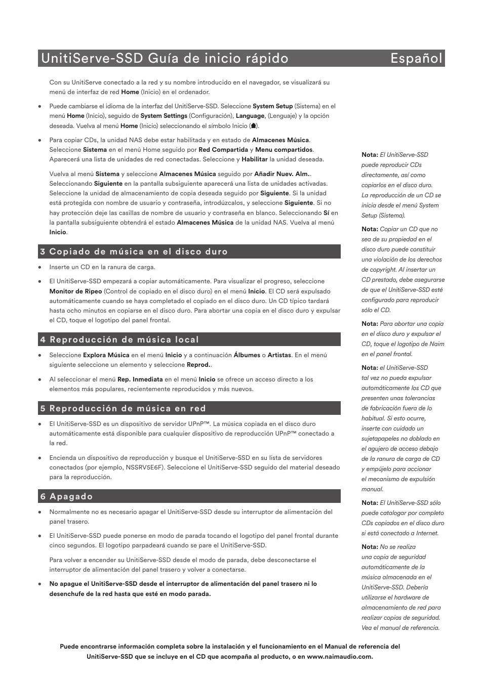 Unitiserve-ssd guía de inicio rápido español, 3 copiado de música en el disco duro, 4 reproducción de música local | 5 reproducción de música en red, 6 apagado | Naim Audio UnitiServe User Manual | Page 11 / 18