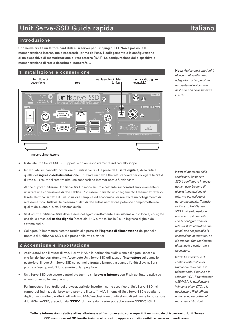 Unitiserve-ssd guida rapida italiano, Introduzione, 1 installazione e connessione | 2 accensione e impostazione | Naim Audio UnitiServe User Manual | Page 12 / 18