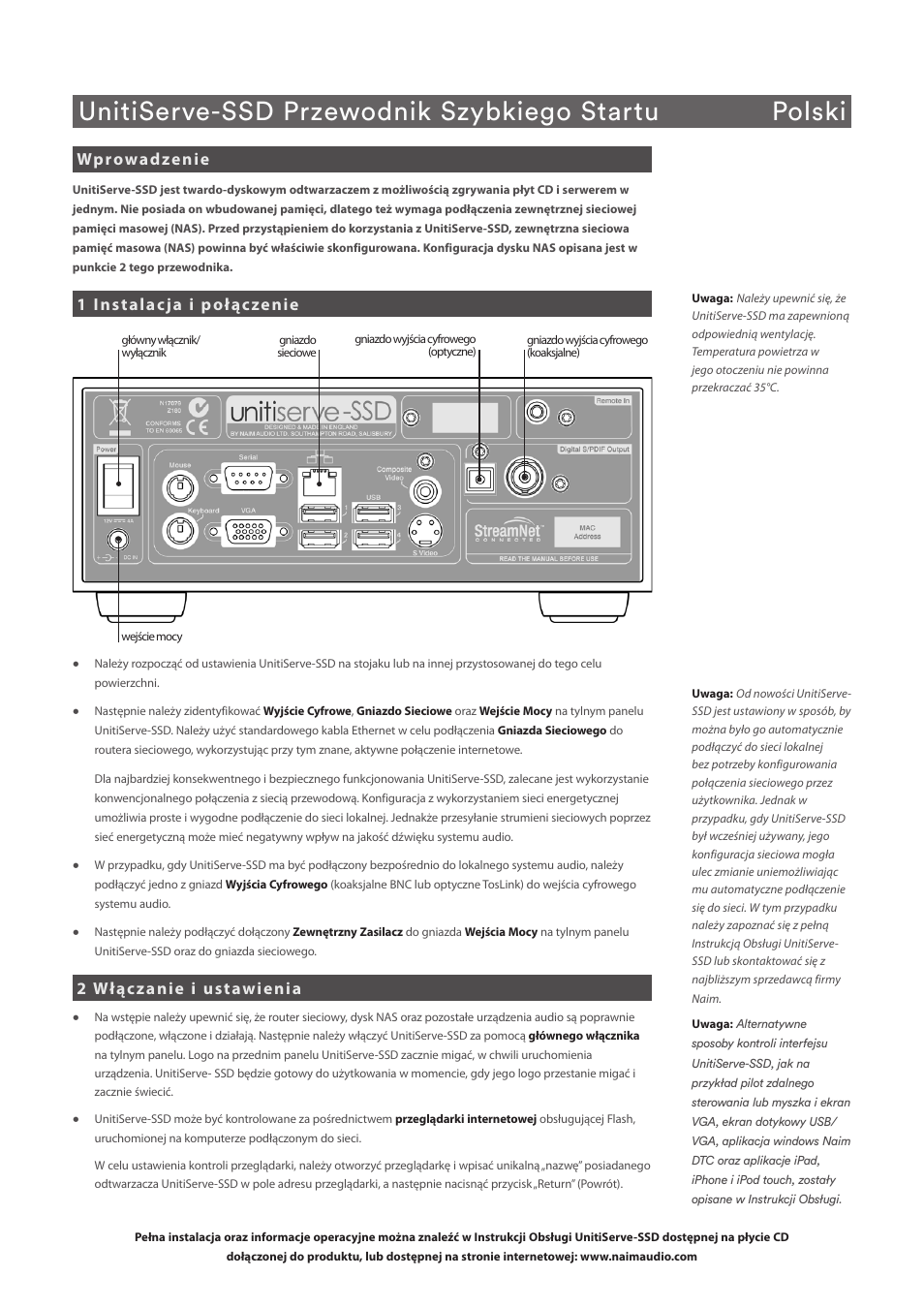 Unitiserve-ssd przewodnik szybkiego startu polski, Wprowadzenie, 1 instalacja i połączenie | 2 włączanie i ustawienia | Naim Audio UnitiServe User Manual | Page 14 / 18