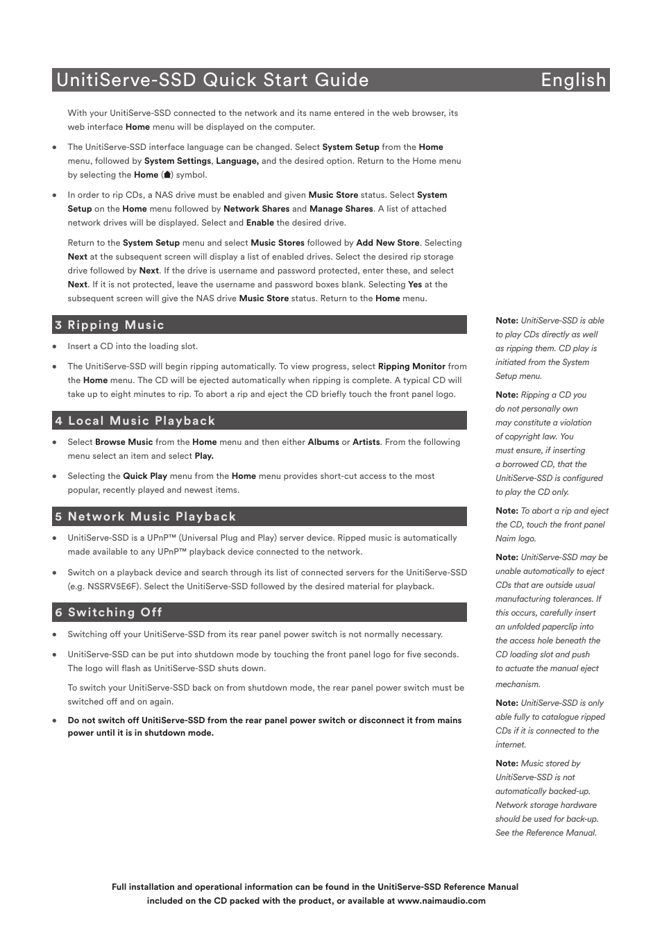 Unitiserve-ssd quick start guide english, 3 ripping music, 4 local music playback | 5 network music playback, 6 switching off | Naim Audio UnitiServe User Manual | Page 3 / 18