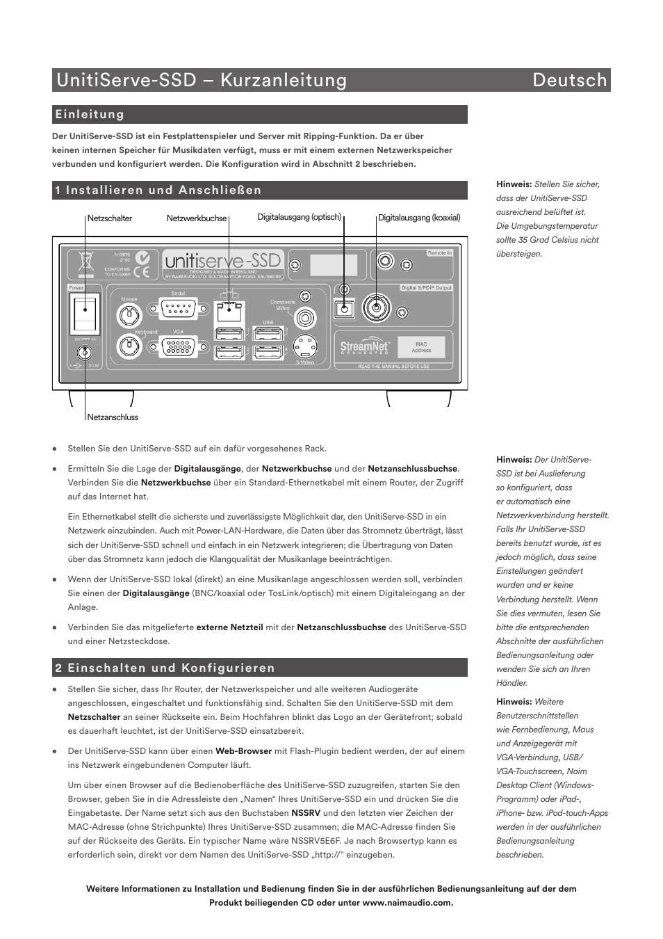 Unitiserve-ssd – kurzanleitung deutsch, Einleitung, 1 installieren und anschließen | 2 einschalten und konfigurieren | Naim Audio UnitiServe User Manual | Page 4 / 18