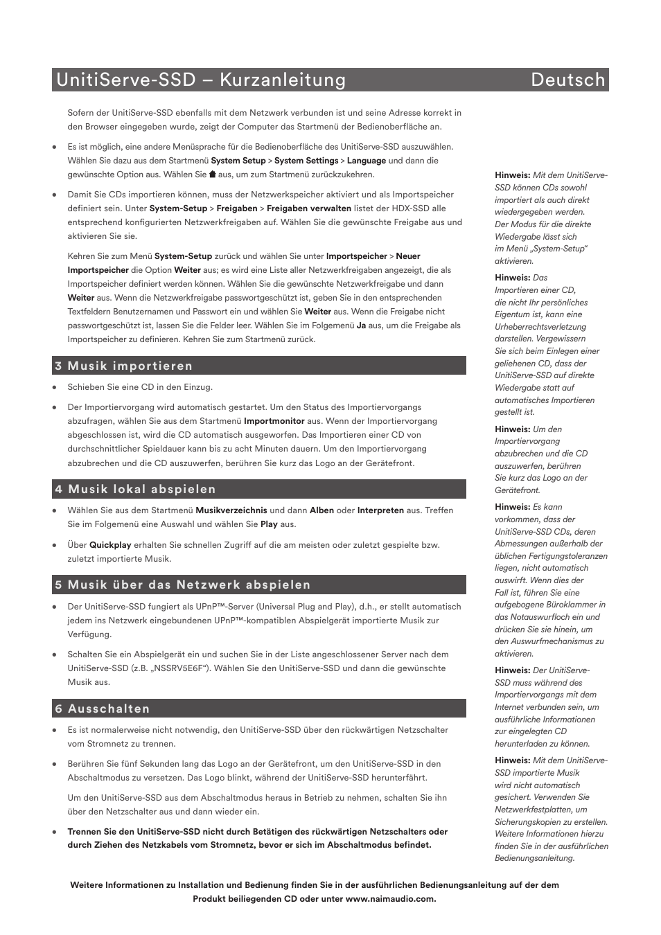 Unitiserve-ssd – kurzanleitung deutsch, 3 musik importieren, 4 musik lokal abspielen | 5 musik über das netzwerk abspielen, 6 ausschalten | Naim Audio UnitiServe User Manual | Page 5 / 18