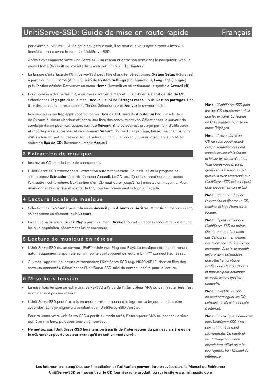 3 extraction de musique, 4 lecture locale de musique, 5 lecture de musique en réseau | 6 mise hors tension | Naim Audio UnitiServe User Manual | Page 7 / 18