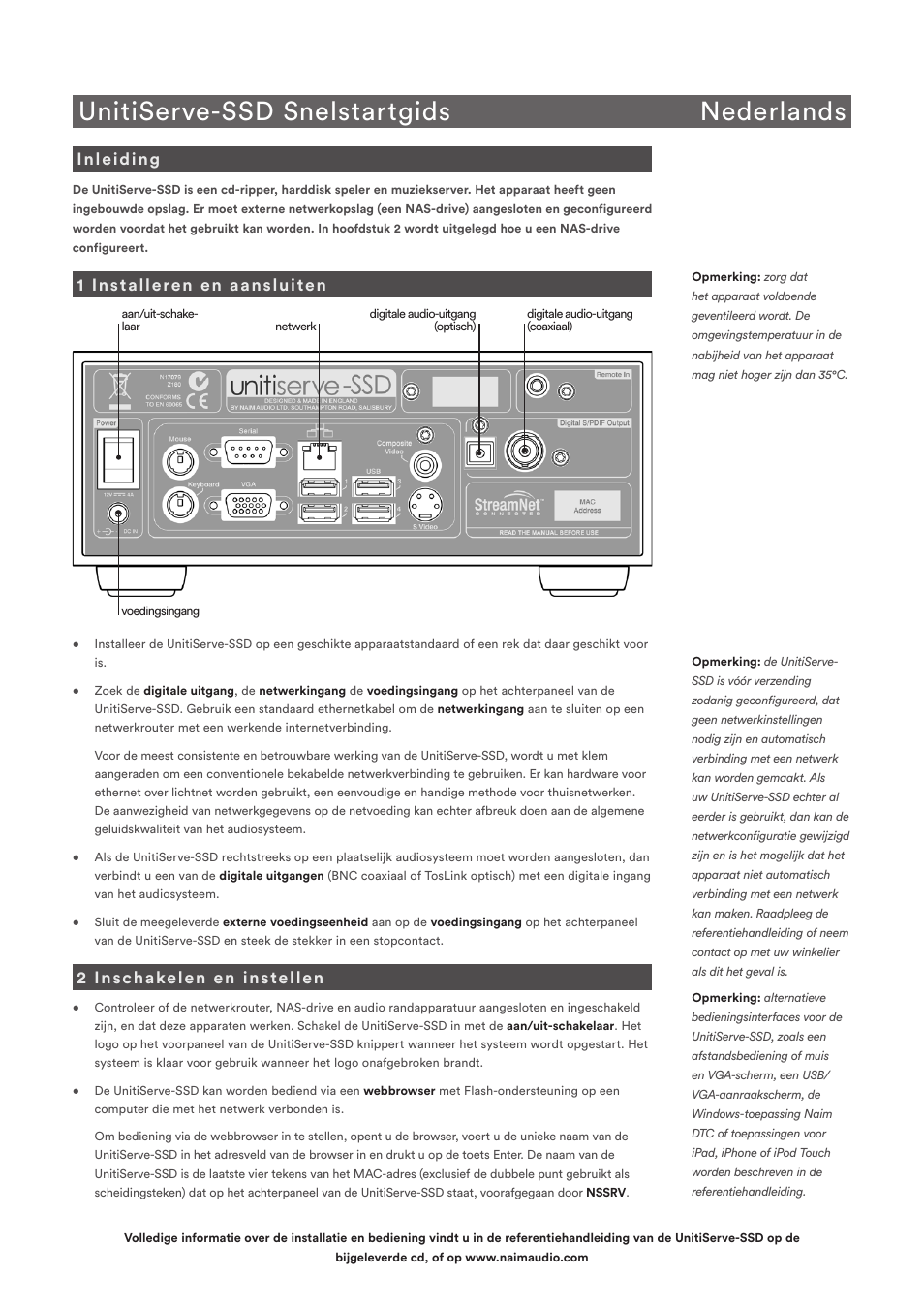 Unitiserve-ssd snelstartgids nederlands, Inleiding, 1 installeren en aansluiten | 2 inschakelen en instellen | Naim Audio UnitiServe User Manual | Page 8 / 18