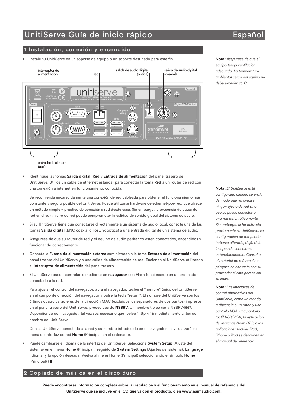 Unitiserve guía de inicio rápido español, 1 instalación, conexión y encendido, 2 copiado de música en el disco duro | Naim Audio UnitiServe User Manual | Page 10 / 18