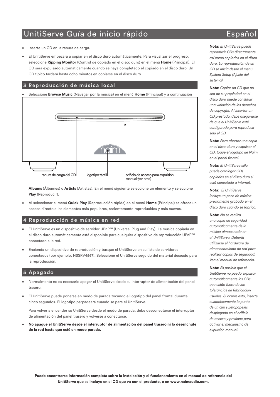 Unitiserve guía de inicio rápido español, 3 reproducción de música local, 4 reproducción de música en red | 5 apagado | Naim Audio UnitiServe User Manual | Page 11 / 18