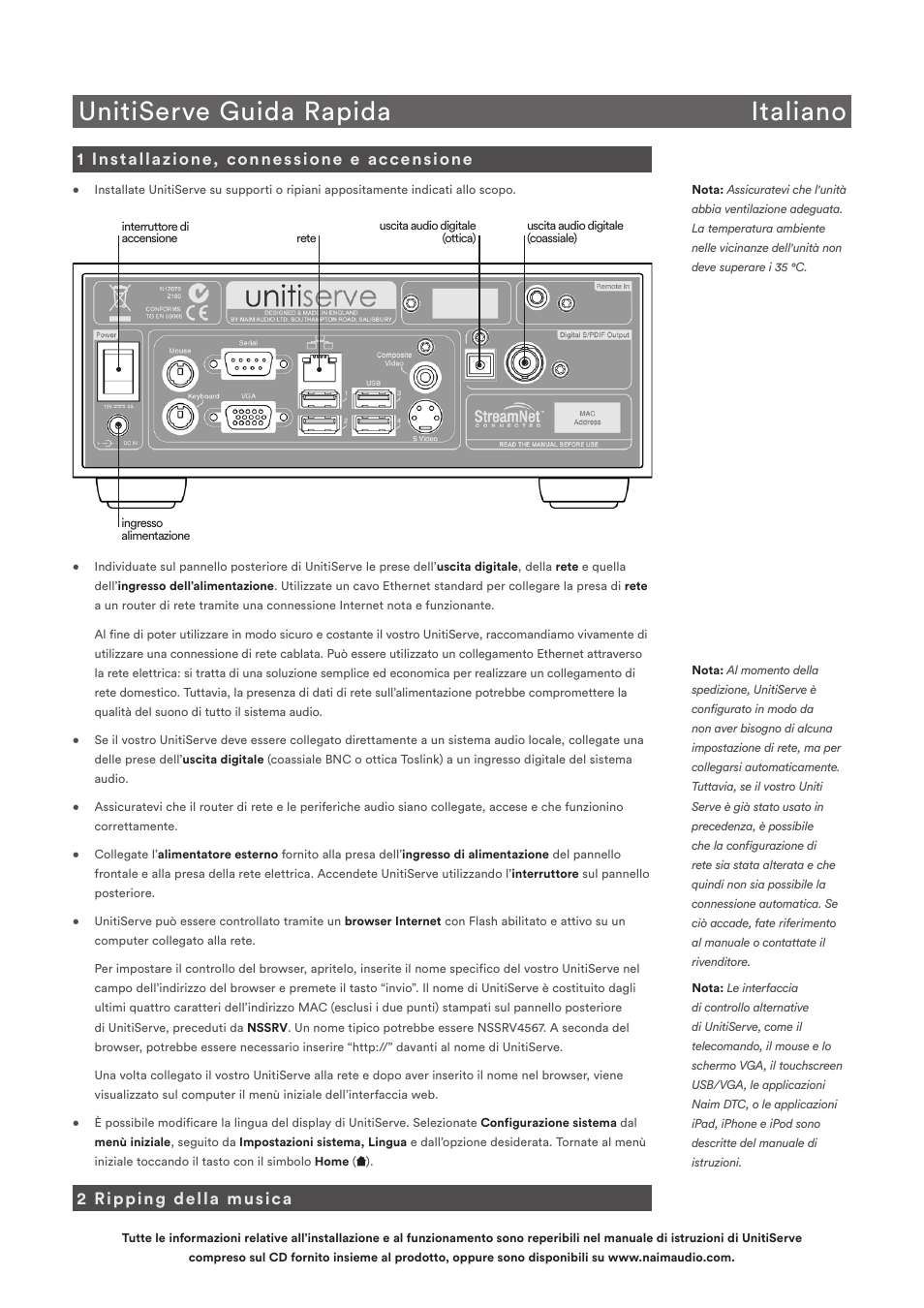 Unitiserve guida rapida italiano, 1 installazione, connessione e accensione, 2 ripping della musica | Naim Audio UnitiServe User Manual | Page 12 / 18