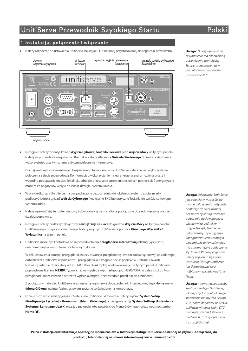 Unitiserve przewodnik szybkiego startu polski, 1instalacja, połączenie i włączanie | Naim Audio UnitiServe User Manual | Page 14 / 18