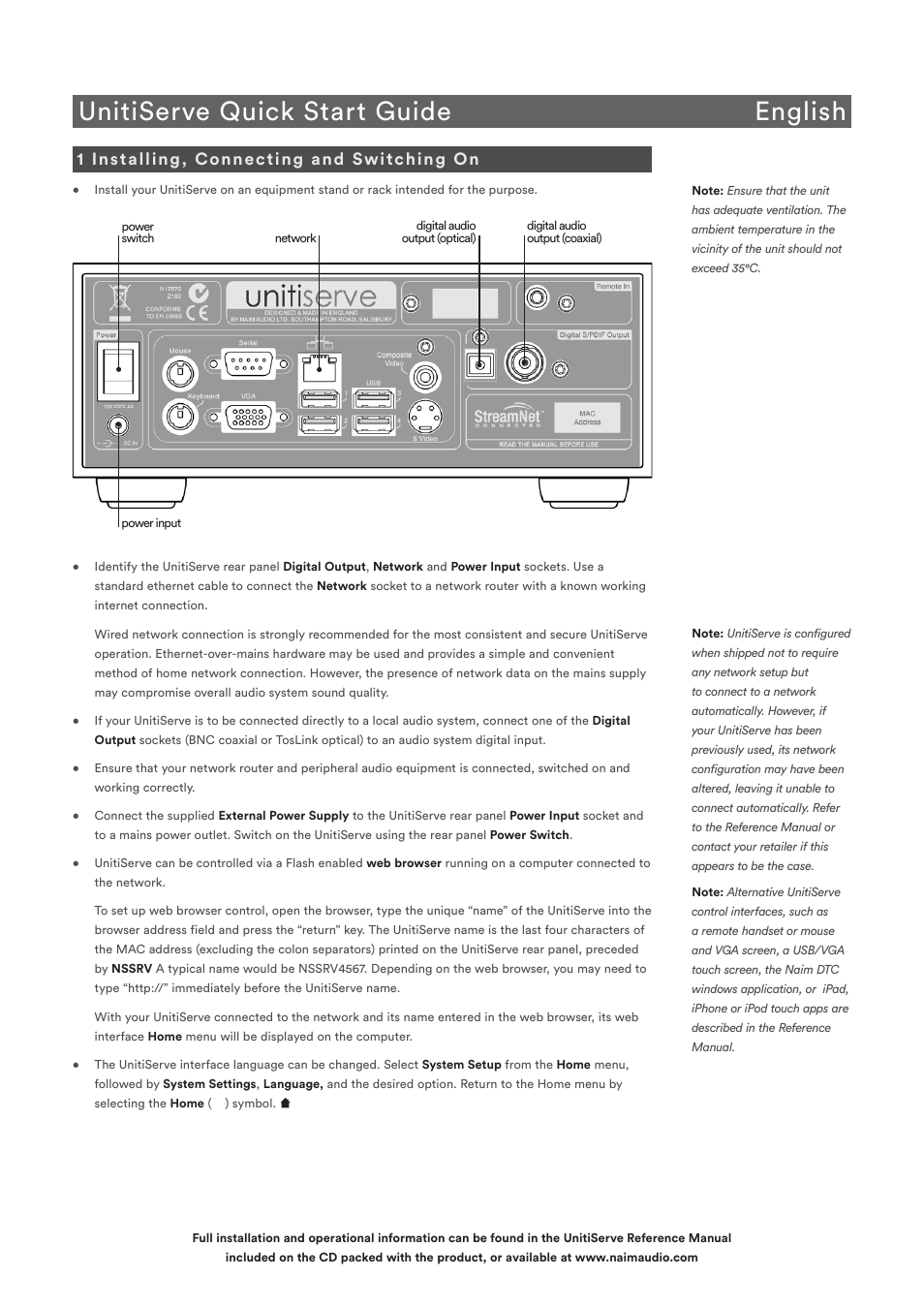 Unitiserve quick start guide english, 1 installing, connecting and switching on | Naim Audio UnitiServe User Manual | Page 2 / 18