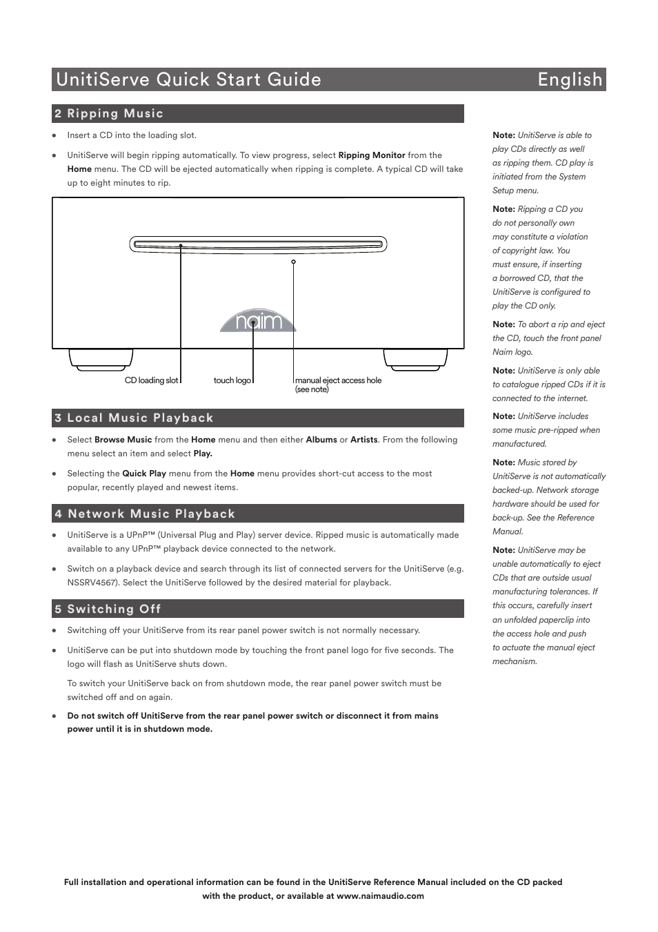 Unitiserve quick start guide english, 2 ripping music, 3 local music playback | 4 network music playback, 5 switching off | Naim Audio UnitiServe User Manual | Page 3 / 18