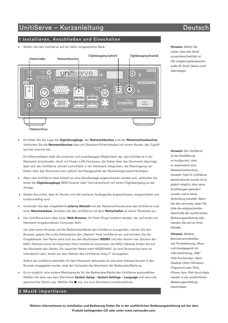 Unitiserve – kurzanleitung deutsch, 1 installieren, anschließen und einschalten, 2 musik importieren | Naim Audio UnitiServe User Manual | Page 4 / 18