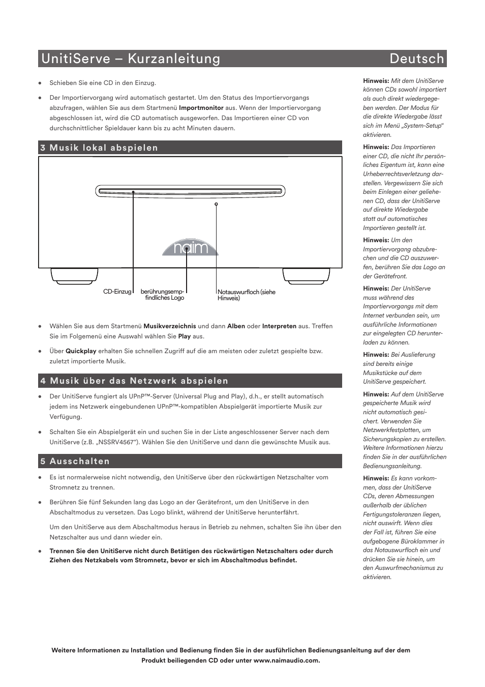 Unitiserve – kurzanleitung deutsch, 3 musik lokal abspielen, 4 musik über das netzwerk abspielen | 5 ausschalten | Naim Audio UnitiServe User Manual | Page 5 / 18
