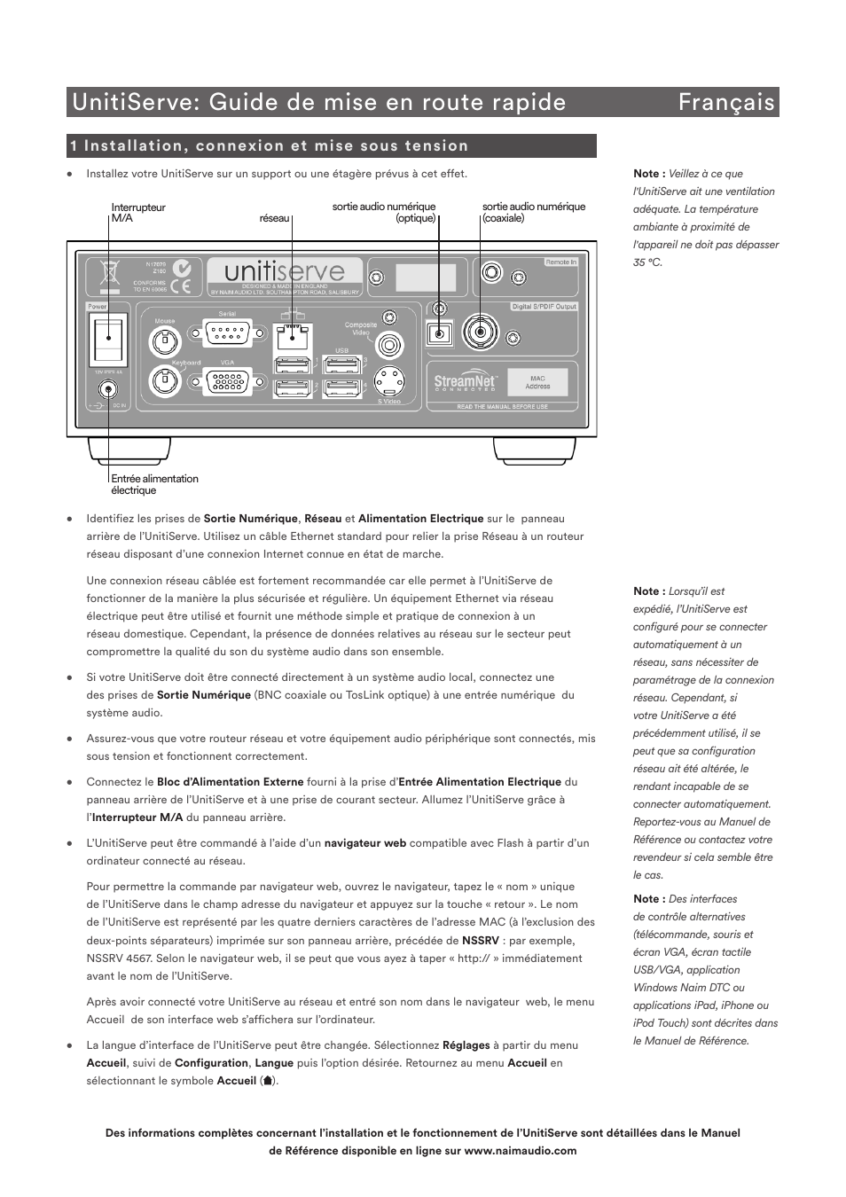 Unitiserve: guide de mise en route rapide français, 1 installation, connexion et mise sous tension | Naim Audio UnitiServe User Manual | Page 6 / 18