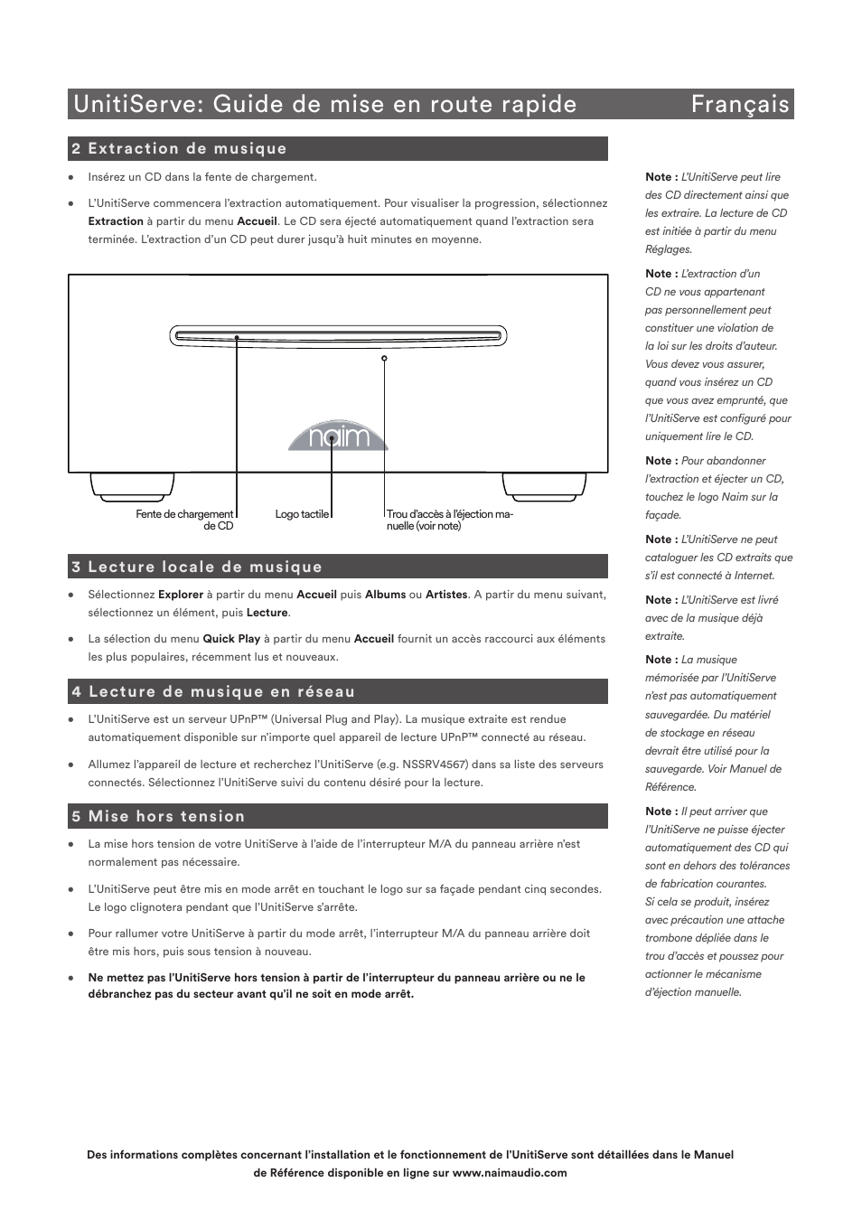 Unitiserve: guide de mise en route rapide français, 2 extraction de musique, 3 lecture locale de musique | 4 lecture de musique en réseau, 5 mise hors tension | Naim Audio UnitiServe User Manual | Page 7 / 18
