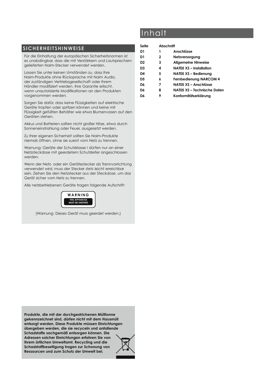 Inhalt, Sicherheitshinweise | Naim Audio NAT05 XS User Manual | Page 10 / 34