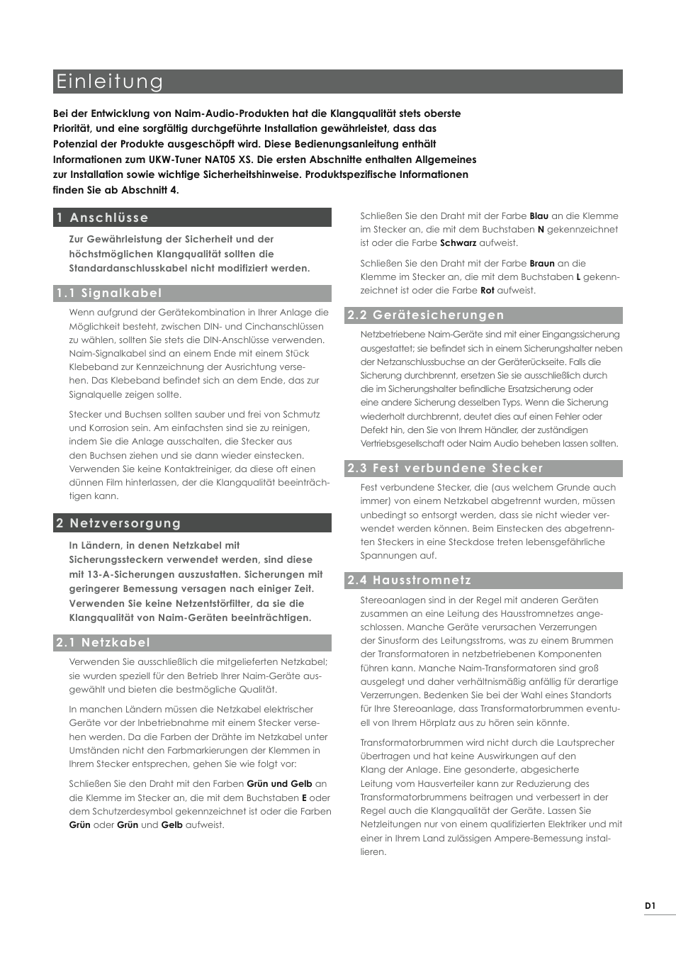 Einleitung, 1 anschlüsse, 2 netzversorgung | Naim Audio NAT05 XS User Manual | Page 11 / 34