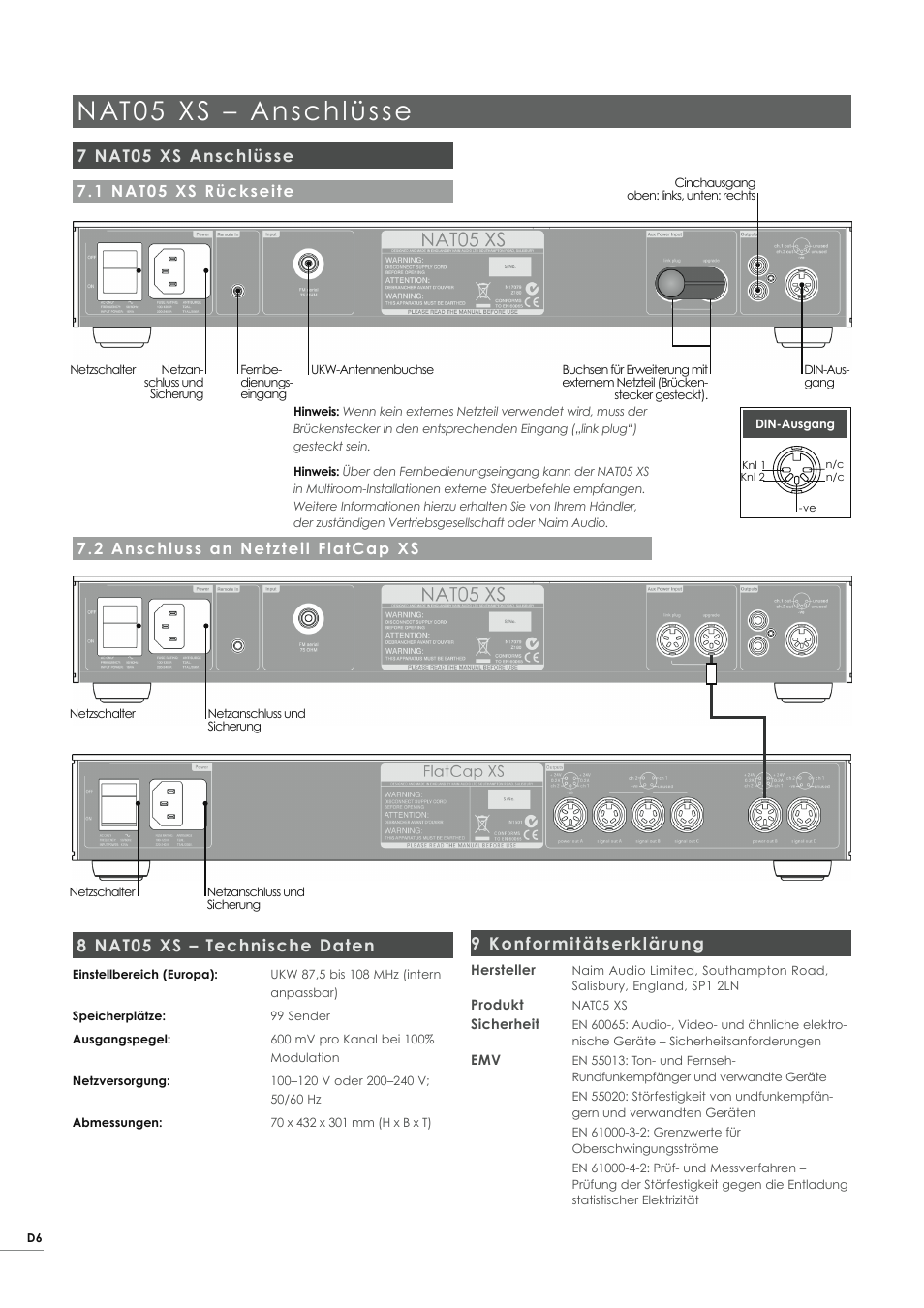 Nat05 xs – anschlüsse, 7 nat05 xs anschlüsse, 8 nat05 xs – technische daten | 9 konformitätserklärung | Naim Audio NAT05 XS User Manual | Page 16 / 34