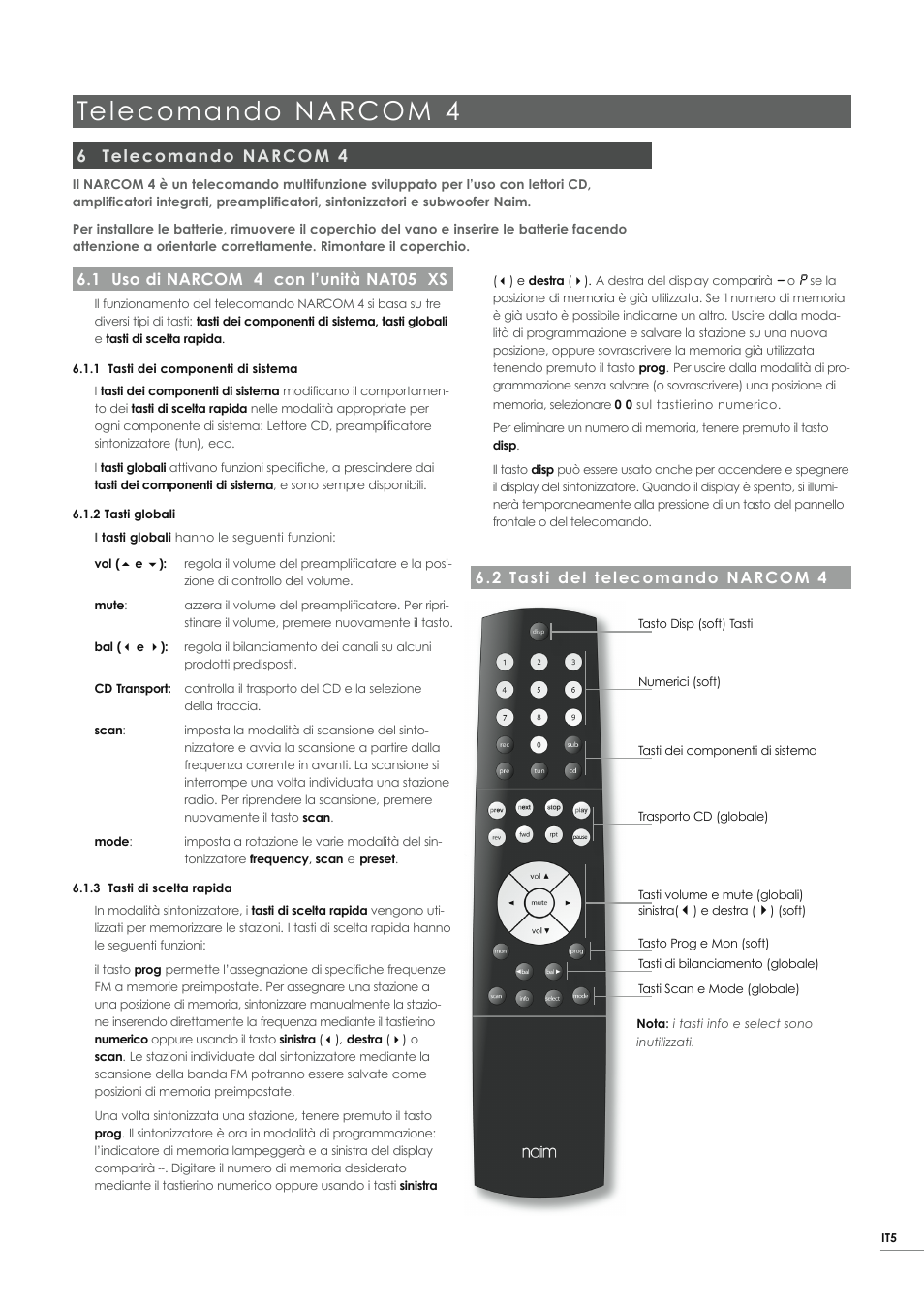 Telecomando narcom 4, 6 telecomando narcom 4, 1 uso di narcom 4 con l’unità nat05 xs | 2 tasti del telecomando narcom 4 | Naim Audio NAT05 XS User Manual | Page 31 / 34