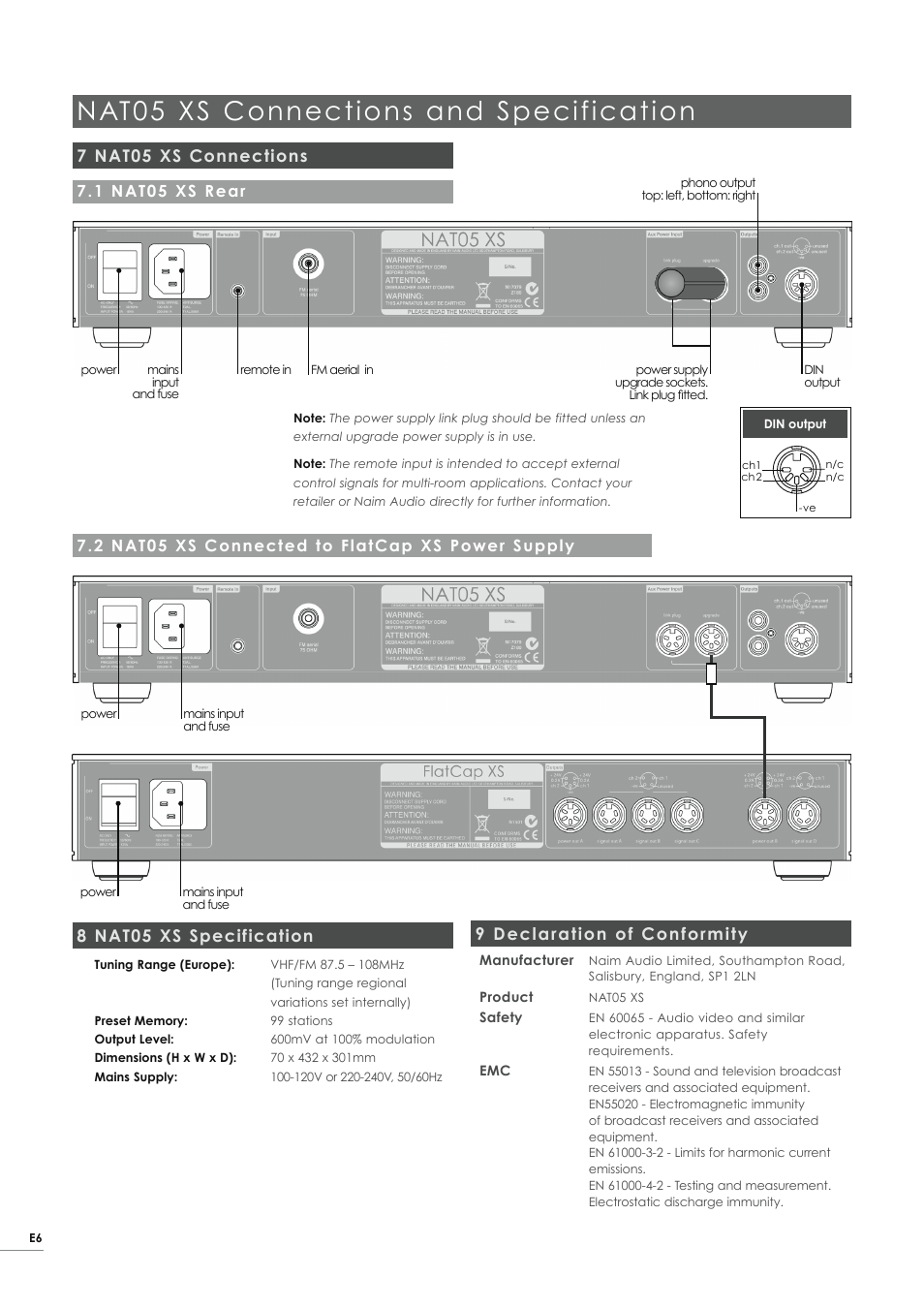 Nat05 xs connections and specification, 7 nat05 xs connections, 8 nat05 xs specification | 9 declaration of conformity | Naim Audio NAT05 XS User Manual | Page 8 / 34