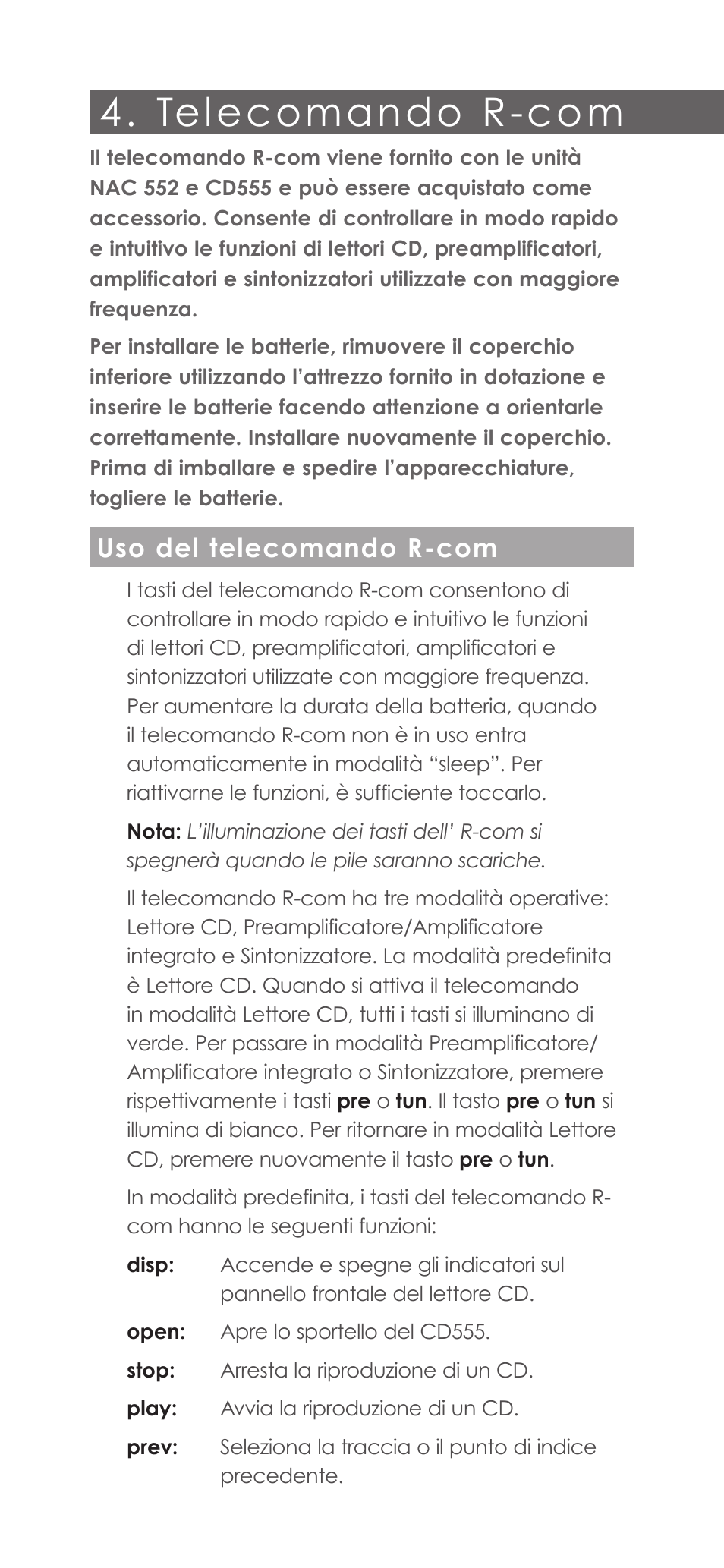 Telecomando r-com, Uso del telecomando r-com | Naim Audio CD555 User Manual | Page 10 / 12