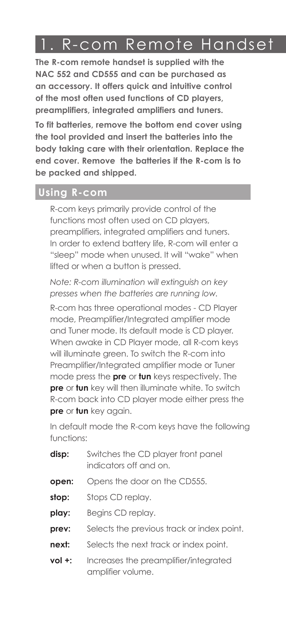 R-com remote handset, Using r-com | Naim Audio CD555 User Manual | Page 4 / 12