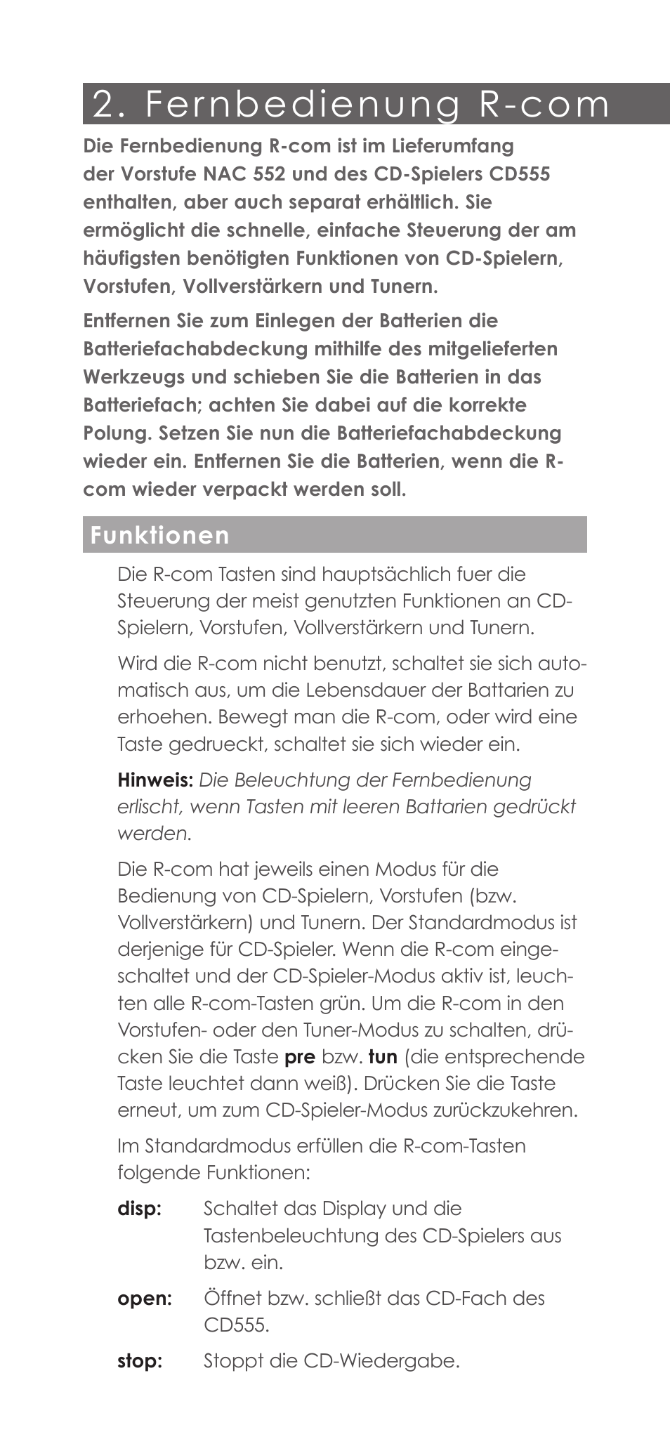 Fer nbedienung r-com, Funktionen | Naim Audio CD555 User Manual | Page 6 / 12