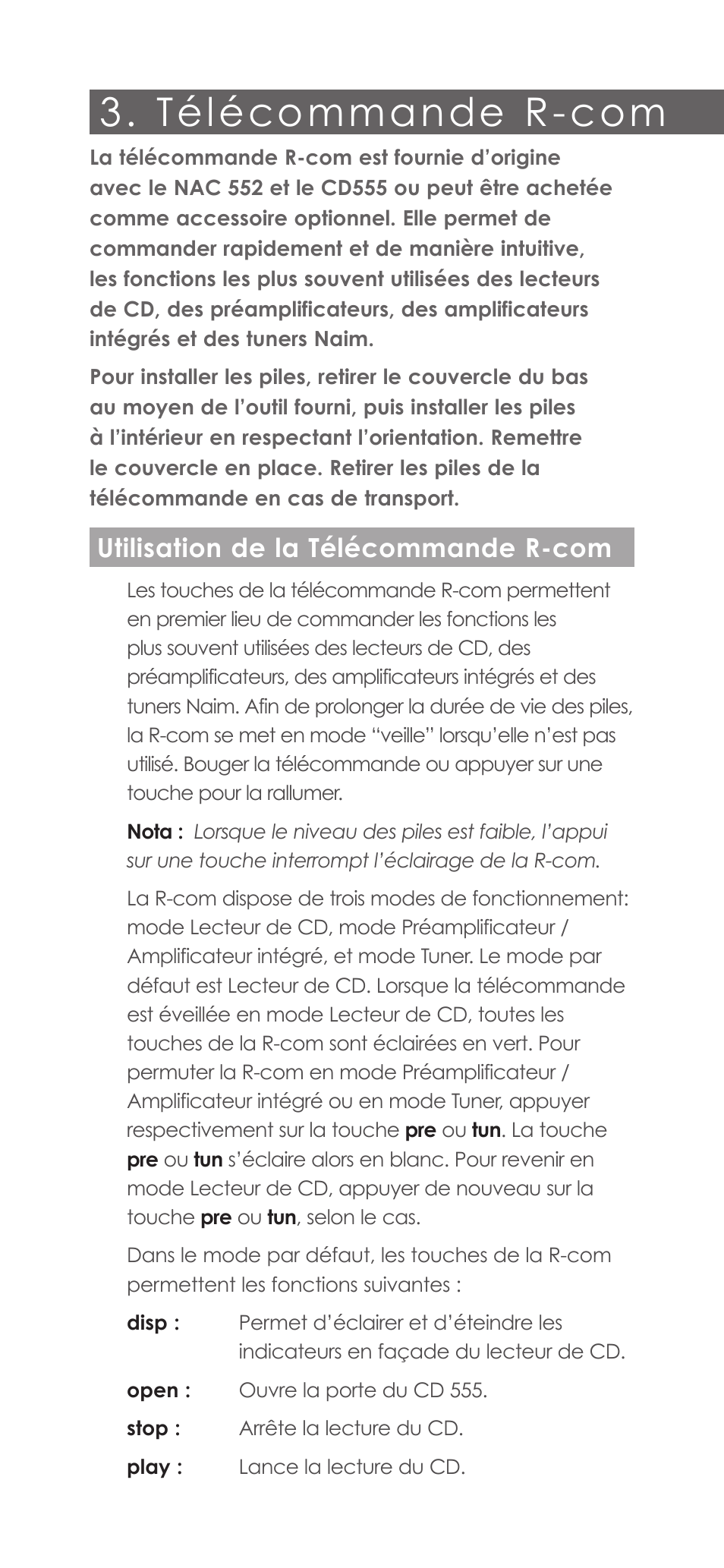Télécommande r-com, Utilisation de la télécommande r-com | Naim Audio CD555 User Manual | Page 8 / 12