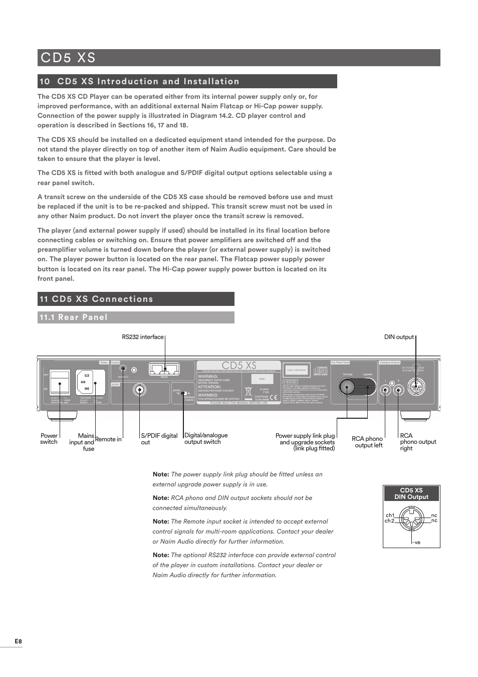 10 cd5 xs introduction and installation, 11 cd5 xs connections, 1 rear panel | Cd5 xs introduction and installation, Cd5 xs connections, Rear panel, Cd5 xs | Naim Audio CD555 User Manual | Page 10 / 18