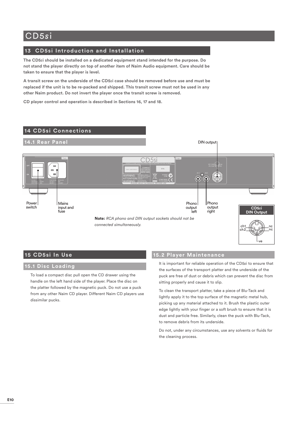 13 cd5si introduction and installation, 14 cd5si connections, 1 rear panel | 15 cd5si in use, 1 disc loading, 2 player maintenance, Cd5si introduction and installation, Cd5si connections, Rear panel, Cd5si in use | Naim Audio CD555 User Manual | Page 12 / 18