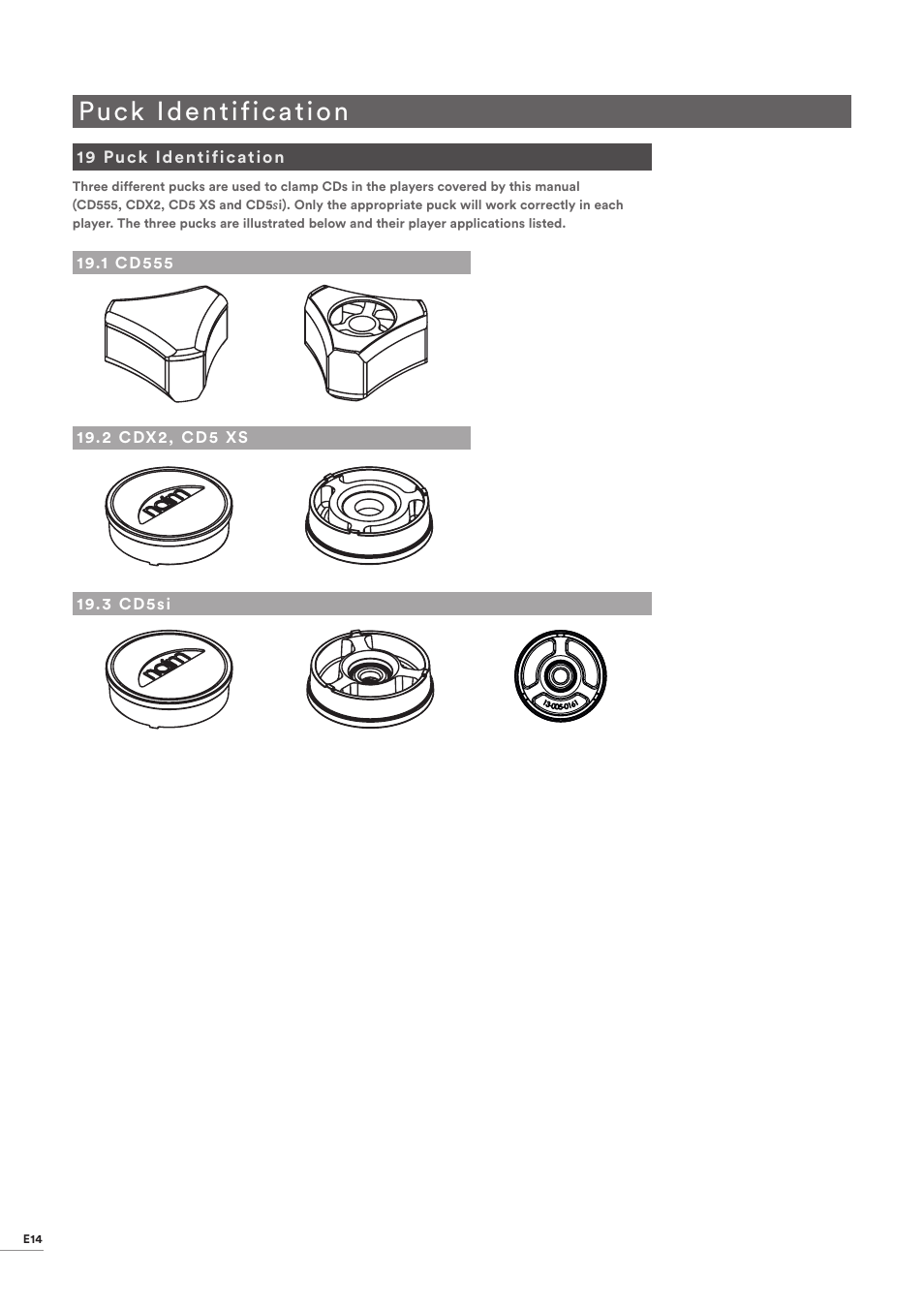 19 puck identification, 1 cd555, 2 cdx2, cd5 xs | 3 cd5si, Puck identification, Cd555, Cdx2, cd5 xs, Cd5si | Naim Audio CD555 User Manual | Page 16 / 18