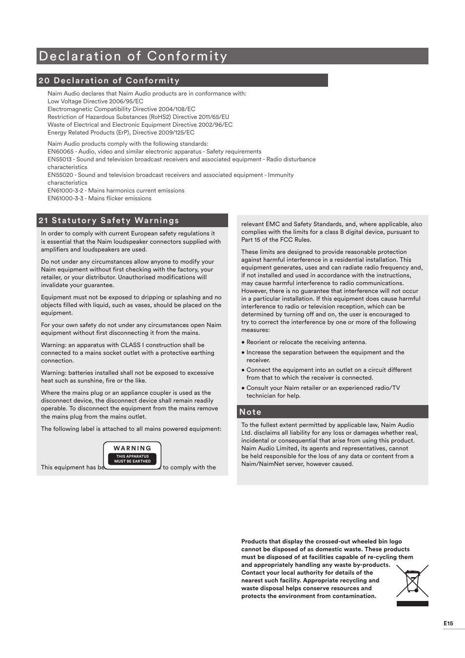 20 declaration of conformity, 21 statutory safety warnings, Declaration of conformity | Statutory safety warnings | Naim Audio CD555 User Manual | Page 17 / 18