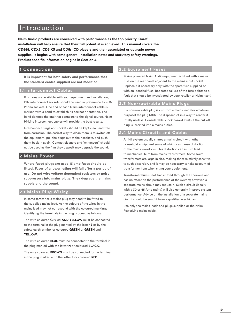 1 connections, 1 interconnect cables, 2 mains power | 1 mains plug wiring, 2 equipment fuses, 3 non-rewirable mains plugs, 4 mains circuits and cables, Connections, Interconnect cables, Mains power | Naim Audio CD555 User Manual | Page 3 / 18