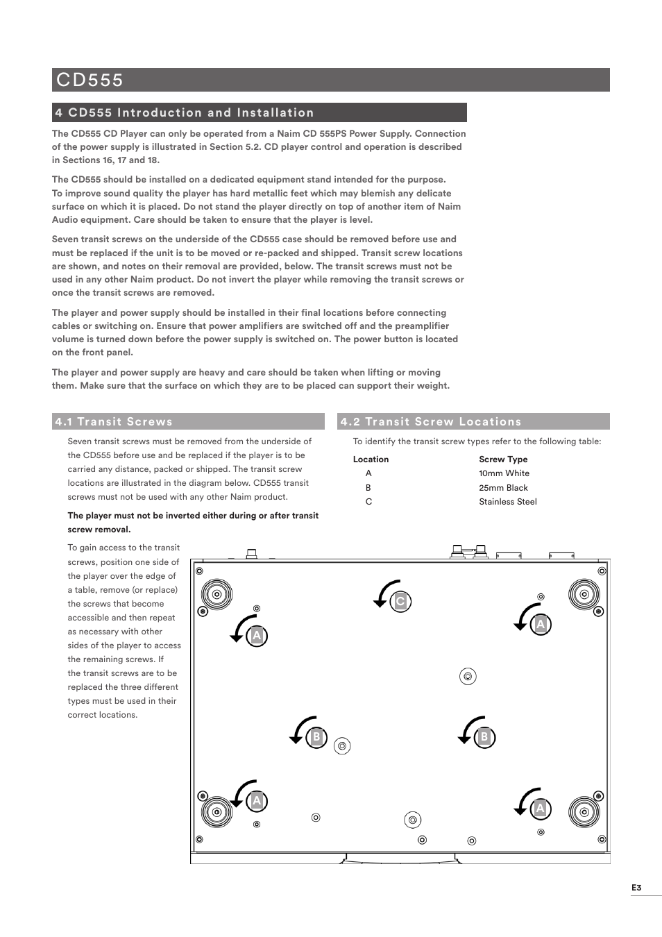 4 cd555 introduction and installation, 1 transit screws, 2 transit screw locations | Cd555 introduction and installation, Transit screws, Transit screw locations, Cd555 | Naim Audio CD555 User Manual | Page 5 / 18