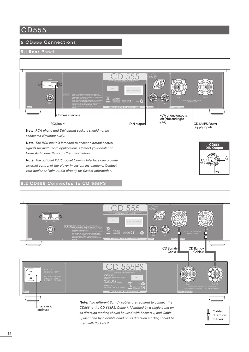 5 cd555 connections, 1 rear panel, 2 cd555 connected to cd 555ps | Cd555 connections, Rear panel, Cd555 connected to cd 555ps, Cd555 | Naim Audio CD555 User Manual | Page 6 / 18