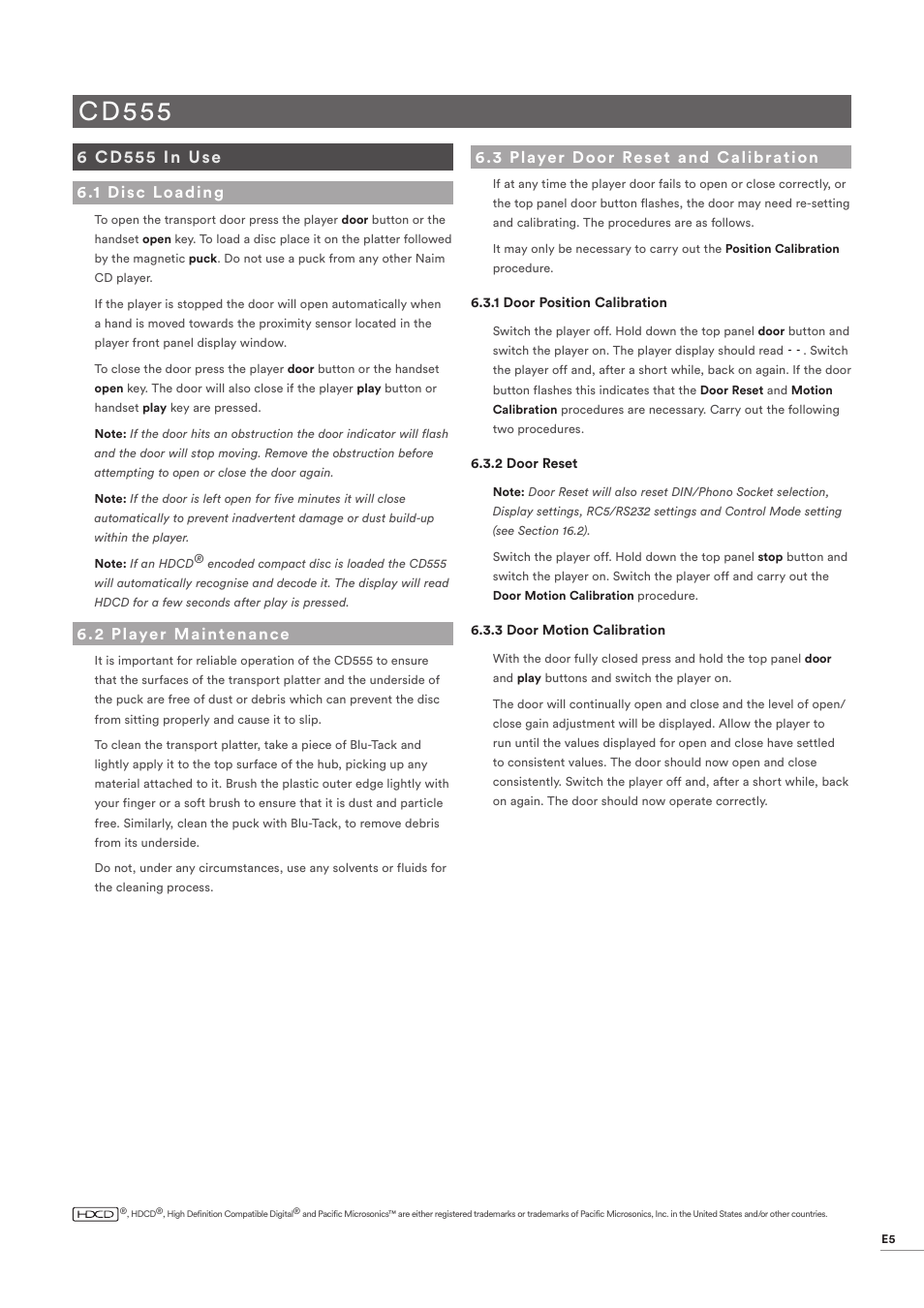 6 cd555 in use, 1 disc loading, 2 player maintenance | 3 player door reset and calibration, Cd555 in use, Disc loading, Player maintenance, Player door reset and calibration, Cd555 | Naim Audio CD555 User Manual | Page 7 / 18