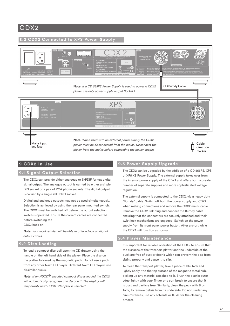 2 cdx2 connected to xps power supply, 9 cdx2 in use, 1 signal output selection | 2 disc loading, 3 power supply upgrade, 4 player maintenance, Cdx2 connected to xps power supply, Cdx2 in use, Signal output selection, Disc loading | Naim Audio CD555 User Manual | Page 9 / 18