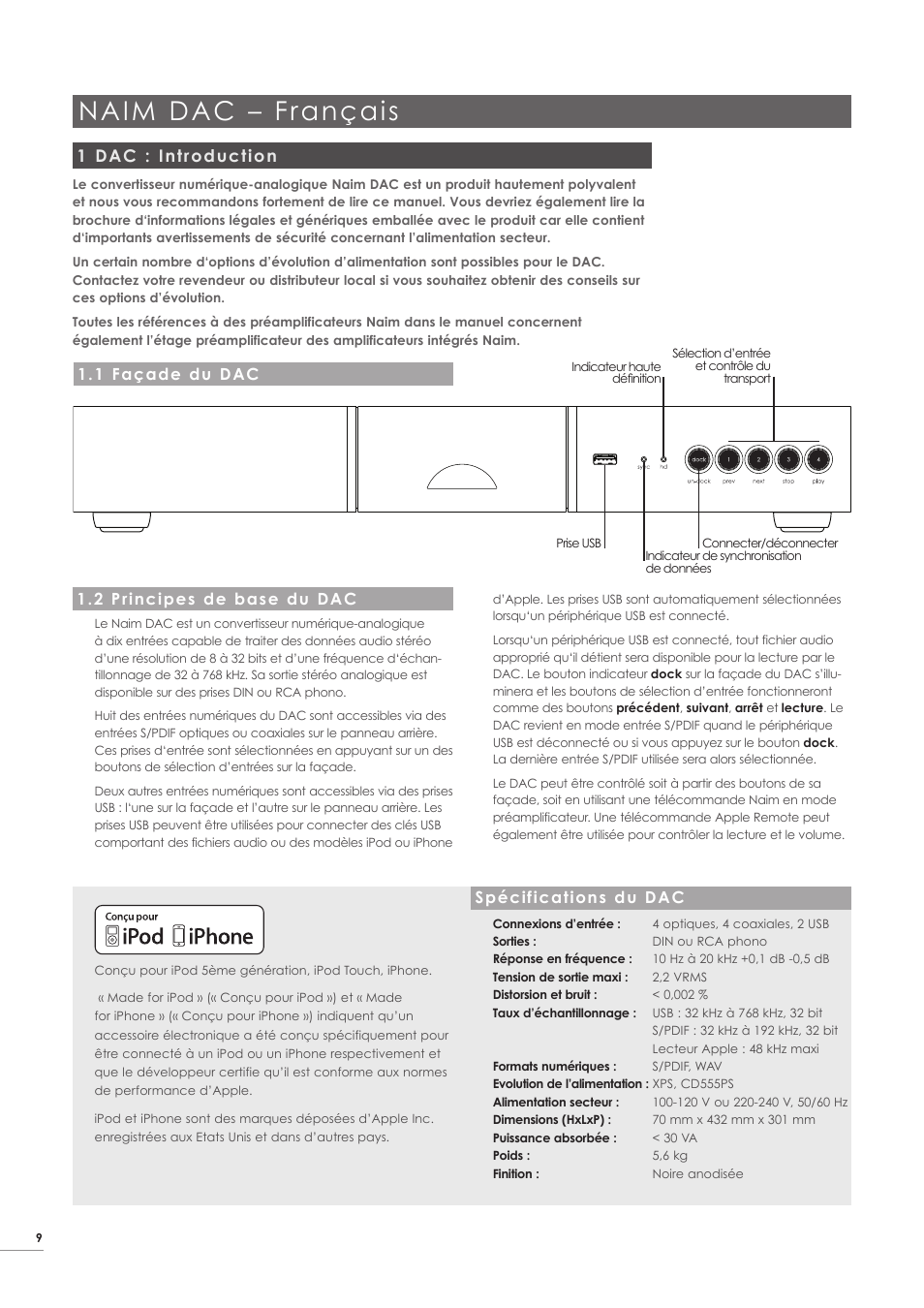 Naim dac – français, 1 dac : introduction, 2 principes de base du dac | 1 façade du dac, Spécifications du dac | Naim Audio DAC User Manual | Page 10 / 28