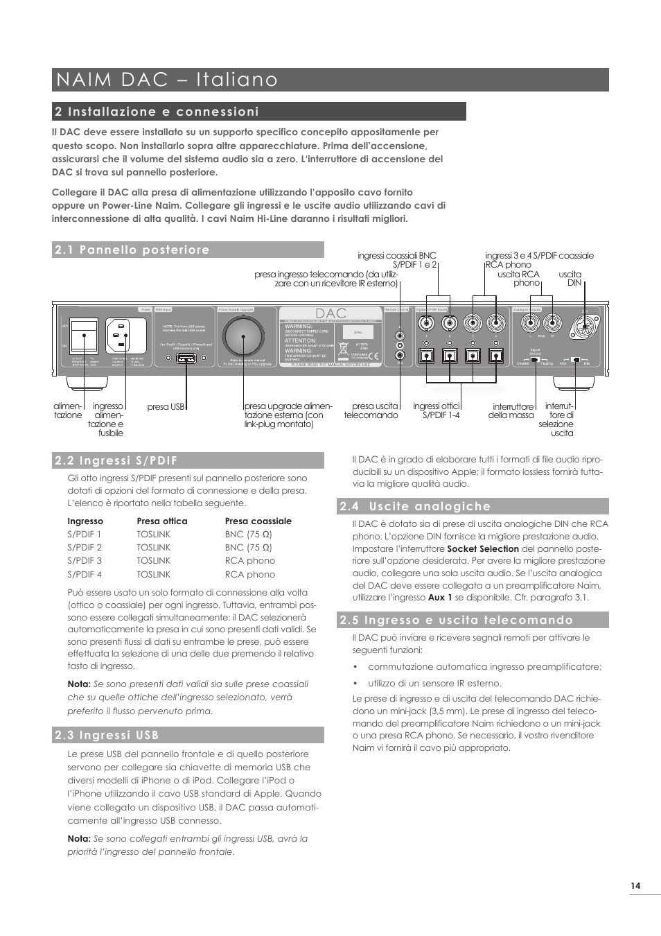 Naim dac – italiano, 2 installazione e connessioni | Naim Audio DAC User Manual | Page 15 / 28